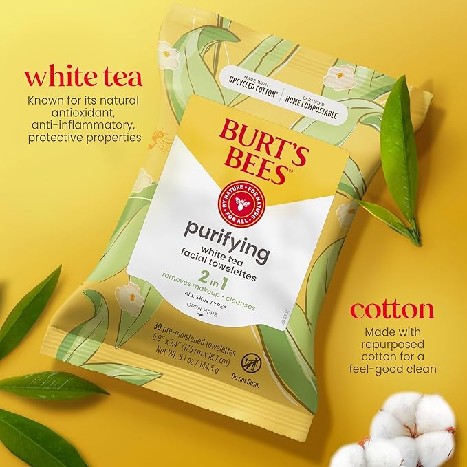 Burt's Bees White Tea Face Wipes, for All Skin Types, Hydrating Makeup Remover & Facial Cleansing Towelettes, 30 Ct. (3-Pack)