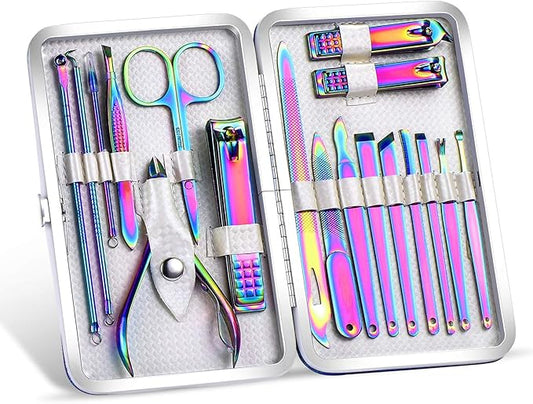 Rainbow Manicure Kits 18 Pcs Nail Clippers for Women Gift SFYDOM Women's Rainbow Leather Manicure Set (18-RainbowManicure Kits)