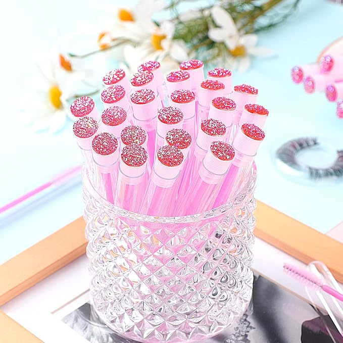 50-Piece Disposable Mascara Brushes - Eyelash Brushes, Diamond Mascara Wands with Tube, Makeup Tool, Lash Spoolies, Sanitary Brushes, Lash Extension Supplies (Tube Star D Pink 50)