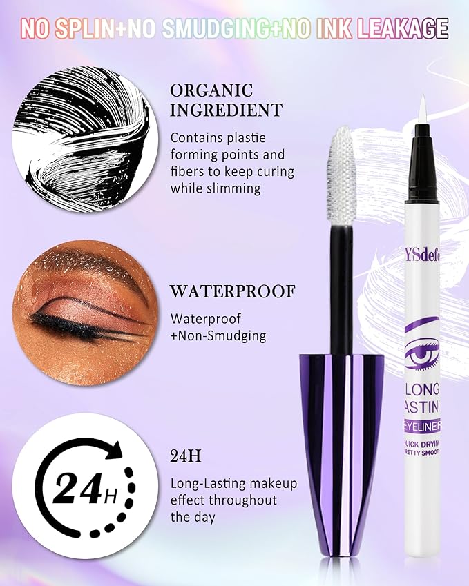 Brown Mascara Liquid Eyeliner Set, Update Longlasting Waterproof Color Eye Liner Pen, 5D Silk Fiber Colored Mascara Volume and Length, Christmas Party Stage Use Eye Makeup Gift Kit for Women Girl-02