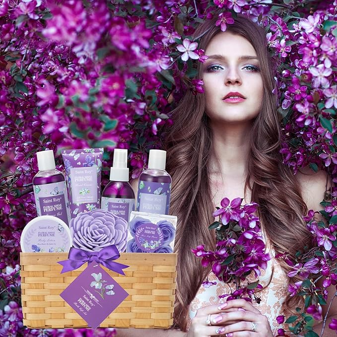 Bath & Shower Spa Basket Gift Set, Floral Perfume Scent, with Shower Gel, Bubble Bath,Body Lotion, Bath and Body Gift Box for Women, Self Care Gifts Basket for Her, Birthday Gifts