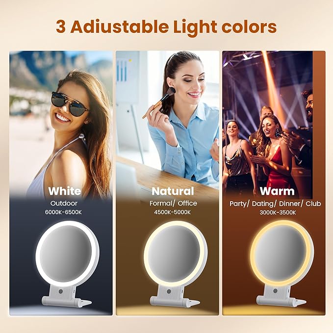 Lighted Makeup Mirror with 1X/30X Magnification, 3 Color Dimmable Lights, 2000mAh Rechargeable Double-Sided/Switch Vanity Mirror, 360° Swivel Tabletop & Hanging Design, Adjustable Brightness