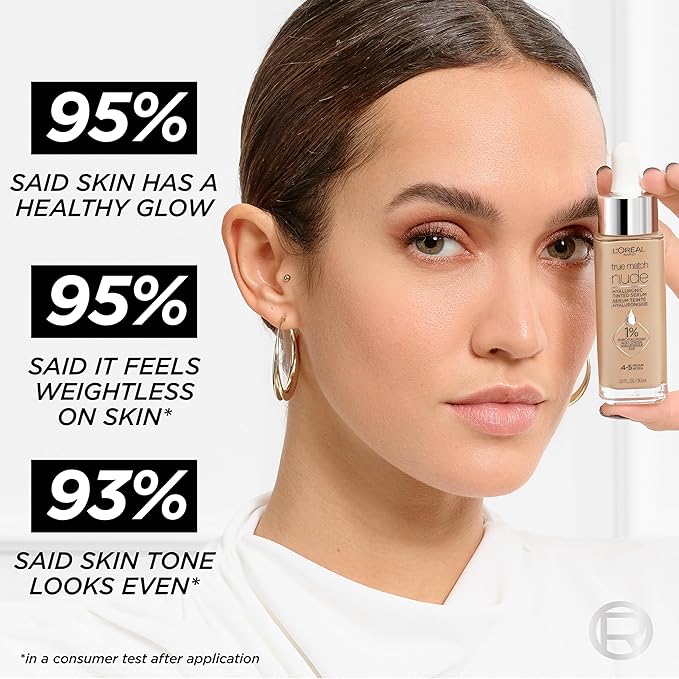 L'Oreal Paris True Match Nude Hyaluronic Tinted Serum Foundation with 1% Hyaluronic acid, Light-Medium 3-4, 1 fl. oz.
