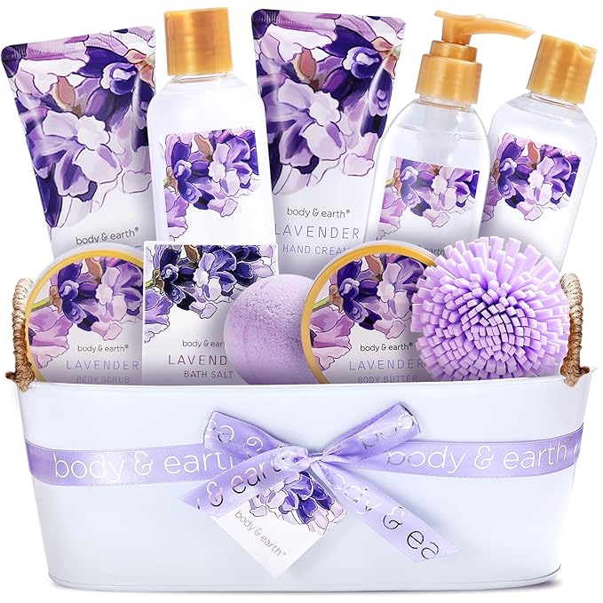 BODY & EARTH Gift Baskets - 11 Pcs Lavender Spa Gifts For Women with Bubble Bath Body Lotion Sets, Bath and Body Gifts Set For Women Christmas Gifts for Her Spa Gift Sets