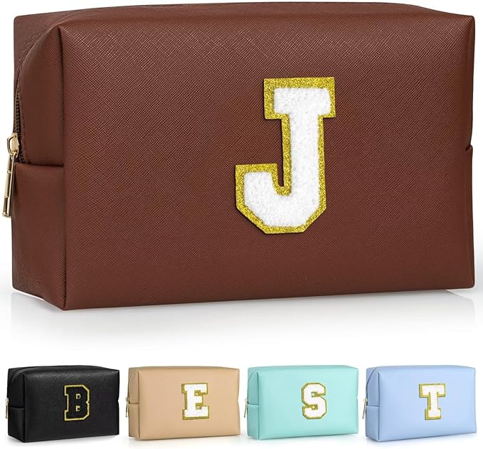 TOPEAST Birthday Gifts for Girls, Travel Makeup Bag Chenille Letter Pouch Cosmetic Bag, Makeup Travel Organizer, Monogrammed Bridesmaid Gifts for Women, Cute Stuff for Girls (Brown J)
