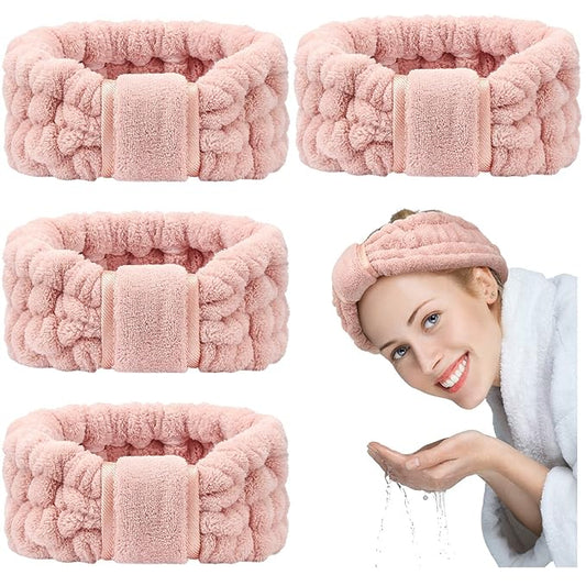 WILLBOND 4 Pack Microfiber Headbands Spa Facial Headbands Makeup Head bands Elastic Terry Cloth Head Wrap for Women Girls Washing Face Makeup Shower Yoga Sports(Pink)