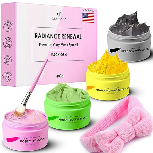 VogueNow Clay Mask Gift Pack of 4 Jars (400g) With Cute Headband & Brush | Premium Clay Face Mask | Turmeric Vitamin C, Green Tea, Rose, Dead Sea Mud | Clay Mask For Face | Spa Gift set for Women