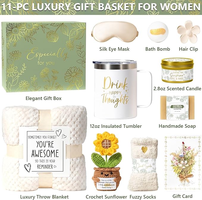 Birthday Gifts for Women Self Care Get Well Soon Gift Baskets, Spa Care Package Thinking of You Gift Set, Sympathy Inspirational Sunflower Christmas Gifts for Women Mom Her Best Friends Sister Wife