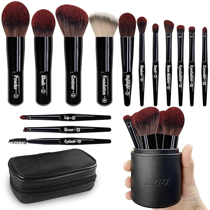 Jilier Travel Makeup Brush Set, 14 pcs Mini Makeup Brushes for Foundation, Powder, Eyeshadow, Highlight, Contour, Blush & Concealer, Small Makeup Brush Set Purse Size with Case (Black)