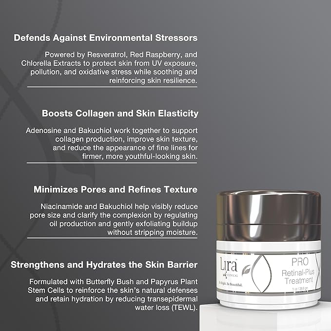 Lira Clinical PRO Retinal-Plus Treatment - Retinol Cream with Hyaluronic Acid, Salicylic Acid & Vitamin C - Helps Reduces Fine Lines & Wrinkles - All Skin Types - 1 fl oz
