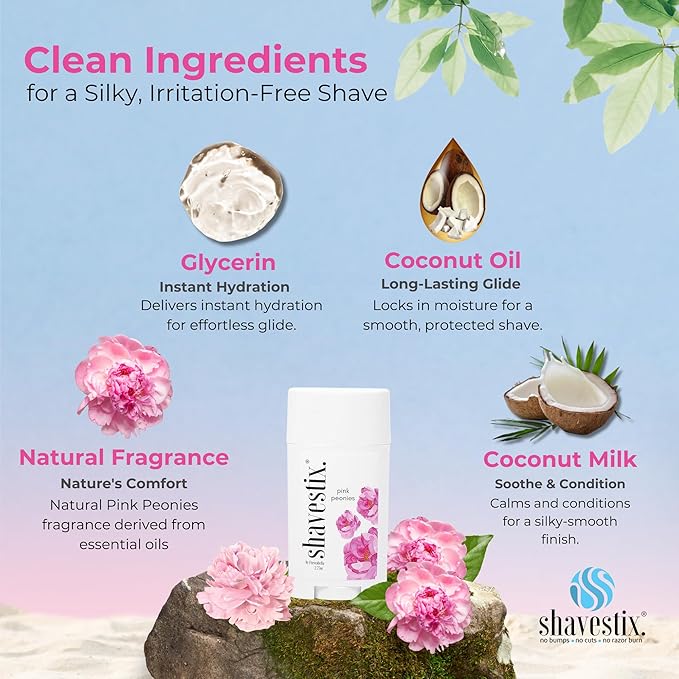Shavestix Travel Size Shave Stick 2.75 Oz | Pink Peonies Scented Shaving Stick Gel Bar | Hair Removal Shaving Cream for Women | Avert Razor Bumps, Burn