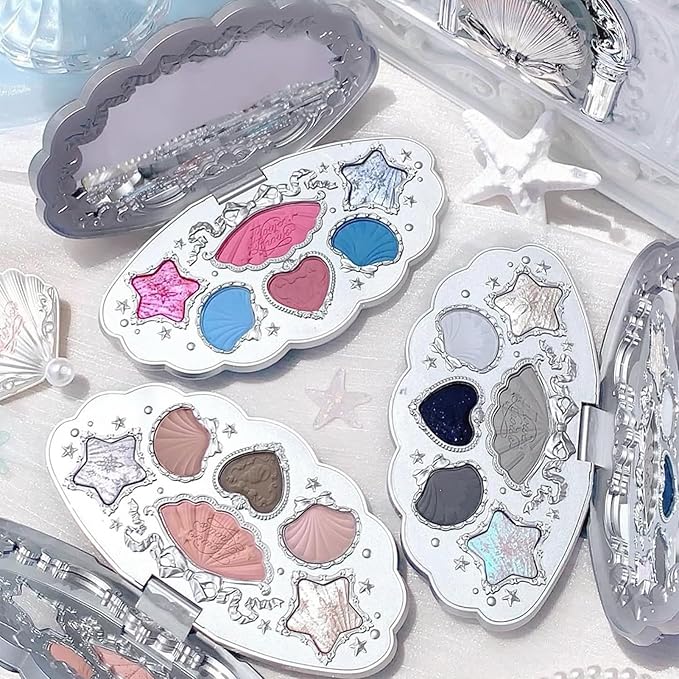 Flower Knows Shell's Jewel 6-Color Makeup Palette,Eyeshadow,Blush,Highlighting & Contour All-in-One Face Makeup Palette with 4 Matte+2 Shimmer Pink & Blue Shades(S02 Mermaids Tears,0.23 Oz)