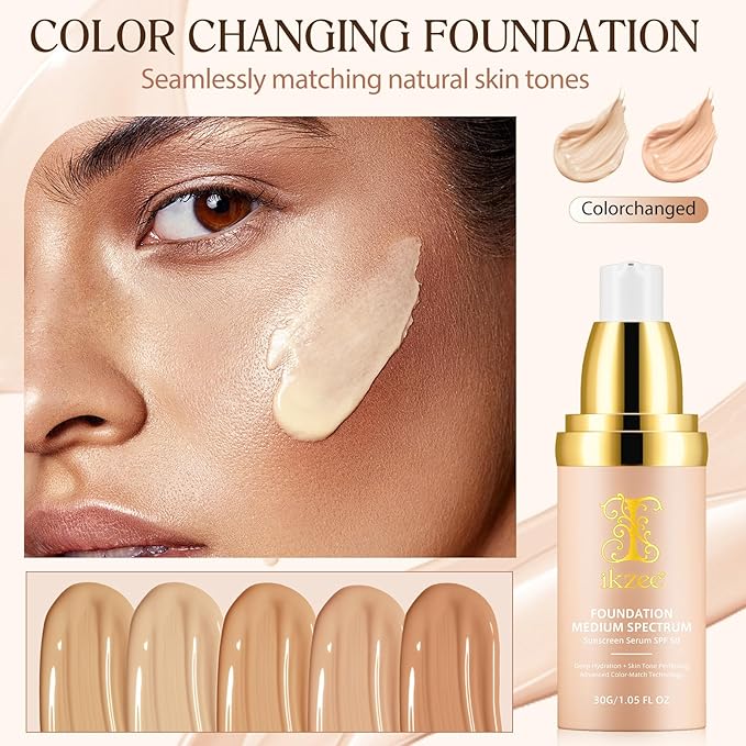Color Changing Foundation 4 in 1 Medium Spectrum, Flawless Foundation Color Changing Makeup Full Coverage Concealer SPF50+, Hydrating Longwearing Waterproof Liquid foundation for Mature Skin, 30ml