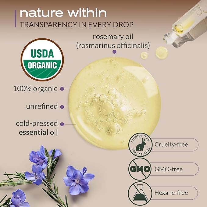 Ella & Eden Organic Rosemary Oil for Hair - 100% Pure, Steam-Distilled, Hexane-Free | Essential Oil for Skin Aromatherapy | Glass Bottle - 4 Oz