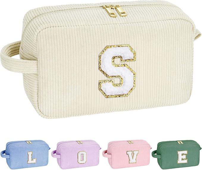 YOOLIFE Personalized Monogram Makeup Bag - Teen Girls Make Up Bag Makeup Bag Pouch Year Old Girl Birthday Gift Cute Gifts Wife Sister Gifts for Women Teen Girls White Makeup Bag Skincare Bag Letter S