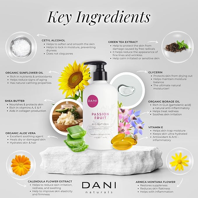DANI Naturals Hand & Body Lotion - Juicy Passion Fruit Scented, Deep Hydration for Dry & Dull Skin with Shea Butter, Aloe Vera & Vitamin E, Vegan, Paraben-Free, 12 Oz