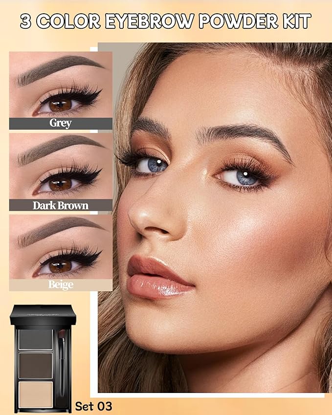 Eyebrow Powder Makeup Kit, 3 in 1 Eyebrow Kit, Brow Powder Palette Waterproof Long-Lasting, Grey Brown Beige Brow Filler, Fill & Sculpt Full Eyebrow Kit for Women, With Mirror, Brush & Razor Set 03