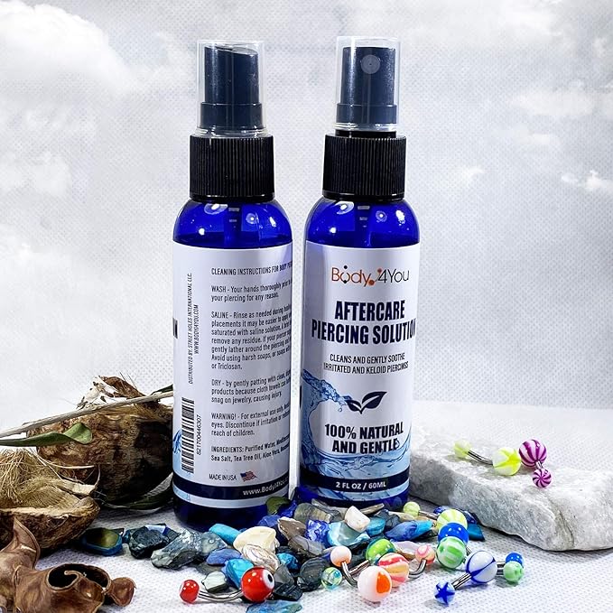 BodyJ4You Piercing Aftercare Spray - Saline Solution Natural Keloid Bump Removal - Ear Piercing Cleaner Nose Septum Belly Button Cartilage - Sea Salt Aloe Vera Rosemary - Fine Mist 2x2 Fl Oz