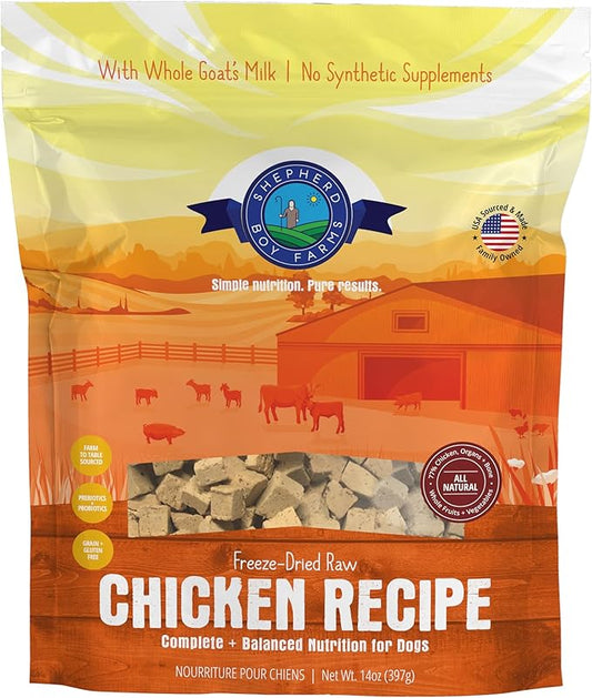 Freeze Dried Raw Dog Food, Chicken Recipe, All Natural, No Synthetics, Made in USA with Goat's Milk & Organic Produce, High Protein, Complete Meal (14oz)