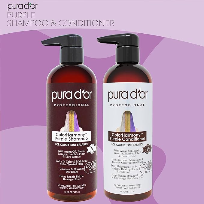 PURA D'OR Purple Shampoo & Conditioner (16oz x 2) ColorHarmony Biotin Set For Bleached, Blonde, Silver & Color Treated Hair - Keratin, Bamboo Fiber, No Sulfates - Men & Women