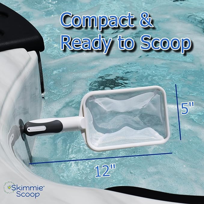 The Skimmie Scoop - Patented Handheld Skimmer with Fine Mesh Net for Spa, Hot Tub, Cold Plunge and Small Pool Cleaning - Lightweight and Durable with Powerful Suction Cup - Clean Out Filter (White)
