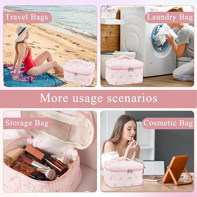 Anfly Makeup Bag, Quilted Cosmetic Bags, Large Floral Make Up Bag, Cute Makeup Bag 3PC Set for Women Girls (Pink)