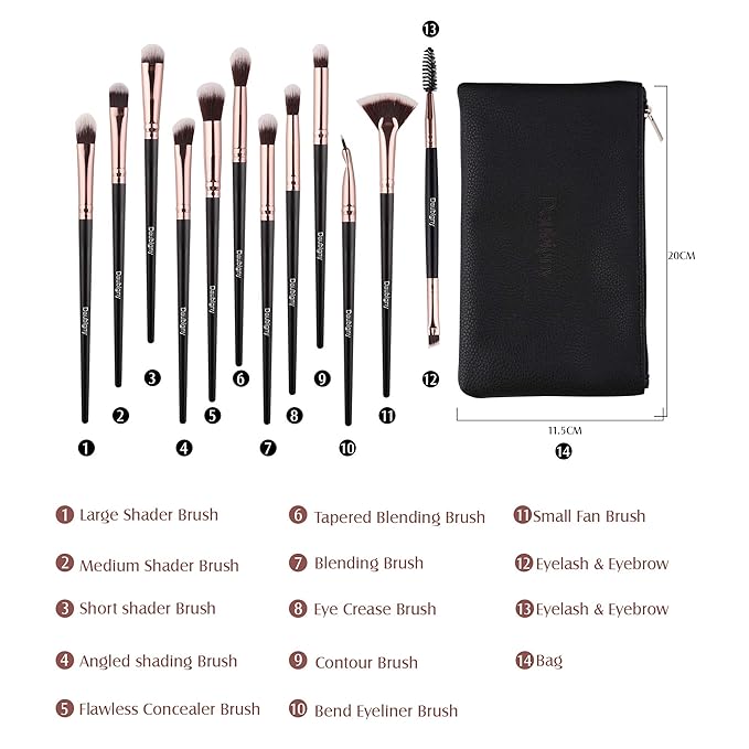 Daubigny Eye Makeup Brushes, 12 PCS Professional Eye shadow, Concealer, Eyebrow, Foundation, Powder Liquid Cream Blending Brushes Set With Carrying Bag (Black)