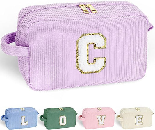 YOOLIFE Initial Makeup Bags for Women - Travel Cosmetic Bag Make Up Bag Cute Makeup Bag Travel Essentials Purple Makeup Bag Cute Makeup Bag Wedding Bridesmaid Gifts Girlfriend Gifts for Women Letter C