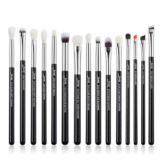 Jessup Eye Makeup Brushes Set Professional 15pcs with Eyeshadow Blending Concealer Eyebrow Eyliner Brush (Pearl Black/Silver)