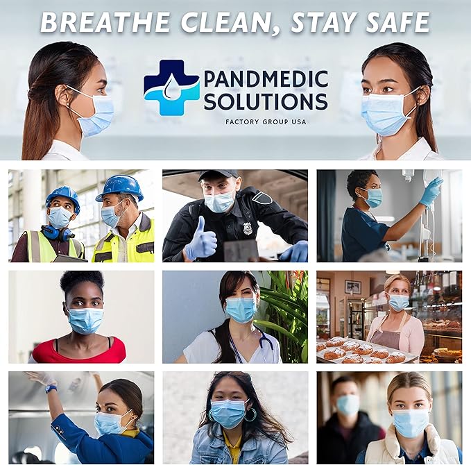 PandMedic Disposable Face Mask Made in USA | Premium Medical American 3 Ply Safety Face Masks Breathable with Elastic Ear Loops - 50ct Box