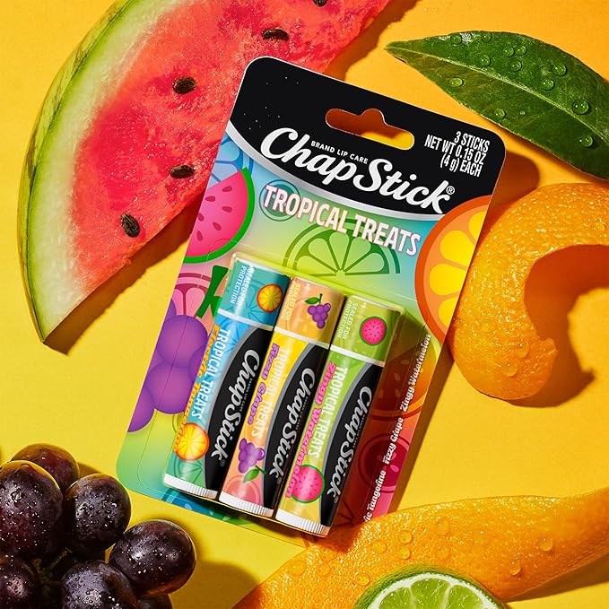 ChapStick Lip Care, Tropical Treats Collection (36 Sticks) – Electric Tangerine, Fizzy Grape & Zingy Watermelon, Bulk Lip Balm, 0.15 Oz Ea