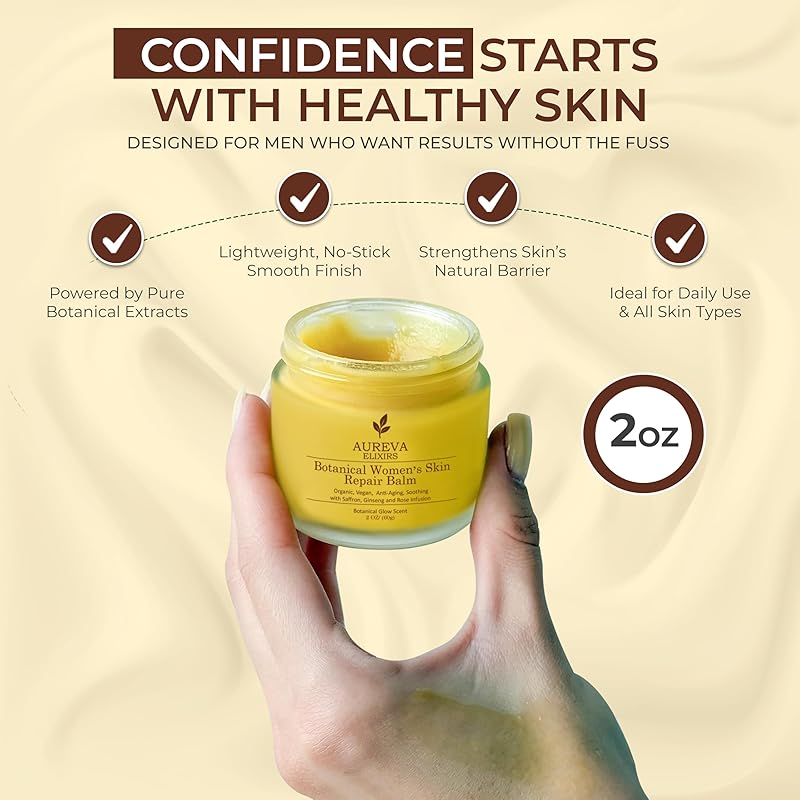 Organic Botanical Women’s Skin Repair Balm – 97% Reported Improvement for Acne, Sunburn & Dryness – Day & Night Anti-Aging Collagen Boost Moisturizer for Face, Neck & Décolleté – Glow Scent, 2oz