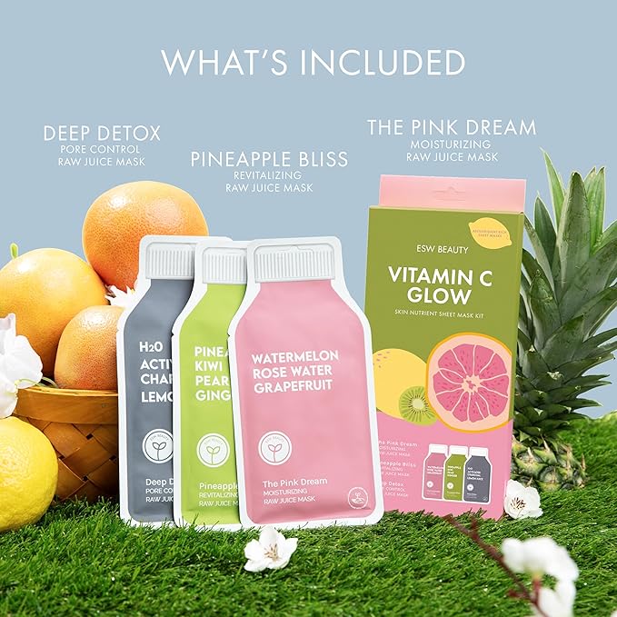 ESW Beauty Vitamin C Glow Set – Antioxidant-Rich Face Masks with Kiwi, Grapefruit & Lemon – Includes Pink Dream, Pineapple Bliss & Deep Detox – Vegan, Clean Beauty for Radiant Skin