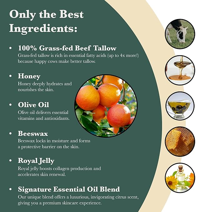 Harvest & Herd Citrus & Honey Tallow Balm - Organic Skin Nutrition with Olive Oil, Manuka Honey, Beeswax, Royal Jelly and Signature Essential Oil Blend (2oz 60ml)