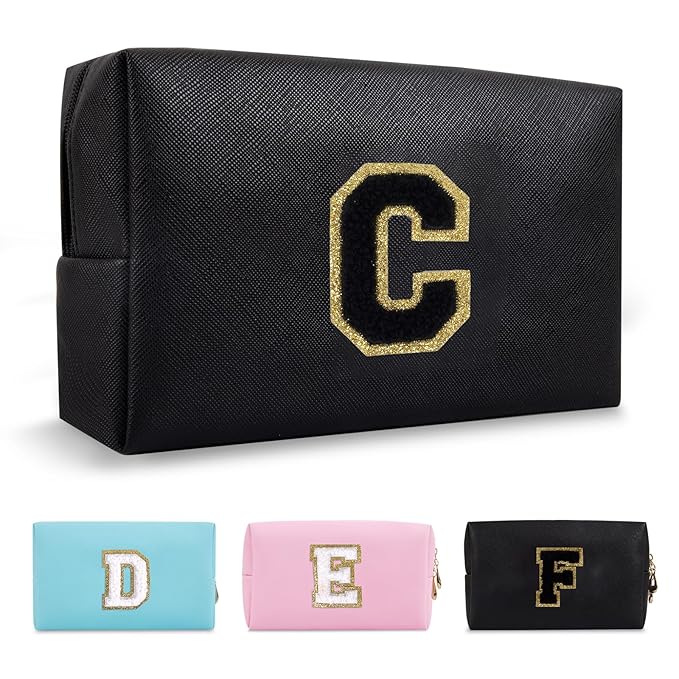 Personalized Initial A-Z Preppy Patch Makeup Bag,Small PU Chenille Letter Cosmetic Bag with Zipper for Teen Girls,Black Cute Toiletry Organizer Bag,Monogram Makeup Case Gift for Women Girls,Letter C