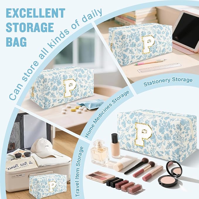 Personalized Quilted Cosmetic Bag, Puffy Monogrammed Christmas Birthday Gifts for Women & Girls, Cute initial Floral Makeup Bag Puffer Coquette Bag, Aesthetic Travel Toiletry Zipper Pouch(Blue,P)