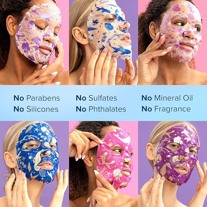 MAREE Collagen Facial Mask with Hyaluronic Acid - Hydrating Face Masks Skincare - Mascarillas Faciales For Women Skin Care - Multicolor, 6 Count