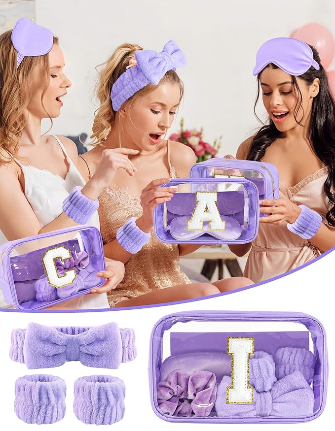 Gift Sets for Women, Initial Makeup Bag with Makeup Brush Set Bachelorette Party Favors, Purple Spa Kit with Skincare Headbands Wrist Bands Sleepover Party Supplies Gifts for Teen Girls Bridesmaid I