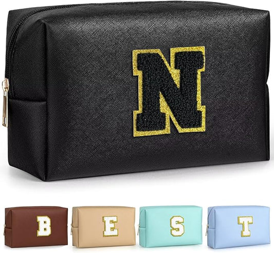 TOPEAST Preppy Stuff Cute Makeup Bag Small Cosmetic Bag Travel Toiletry Bag, Personalized Birthday Wedding Gifts for Mom Teacher Friends Bridesmaids, Preppy Travel Stuff for Girls (Black N)
