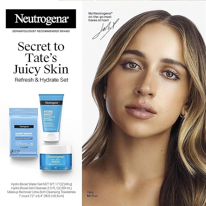 NEUTROGENA Refresh & Hydrate Skin Care Set, Gift Set with Tate McRae's Must-Haves, Includes Makeup Remover Wipes, Gel Facial Cleanser, & Water Gel Face Moisturizer, Travel Size, 3 Items