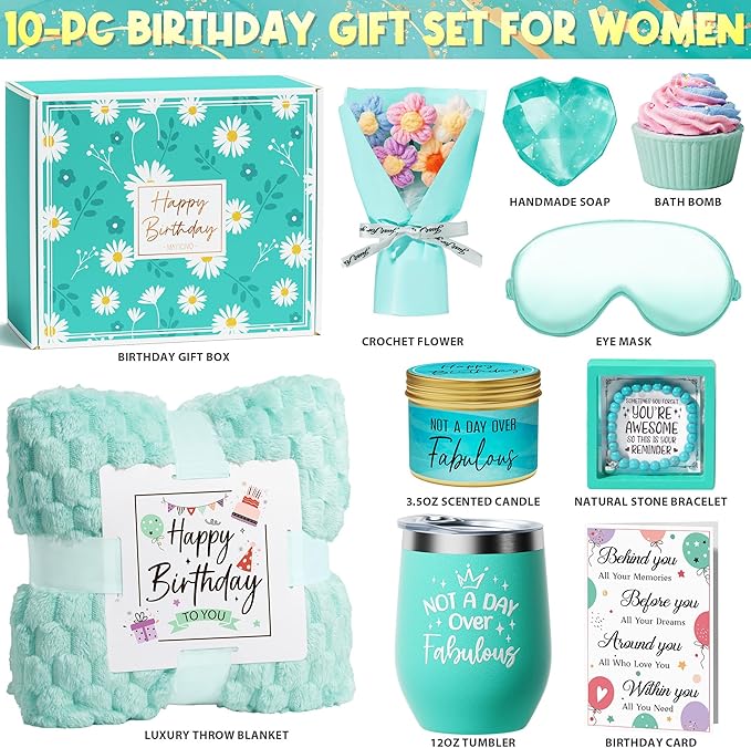 Birthday Gifts for Women Friendship, Unique Happy Birthday Gifts Basket for Mom Her Best Friend Sister Wife Girlfriend Coworker, Luxury Self Care Box Ocean Relaxing Spa Gifts Set for Women w/ Blanket