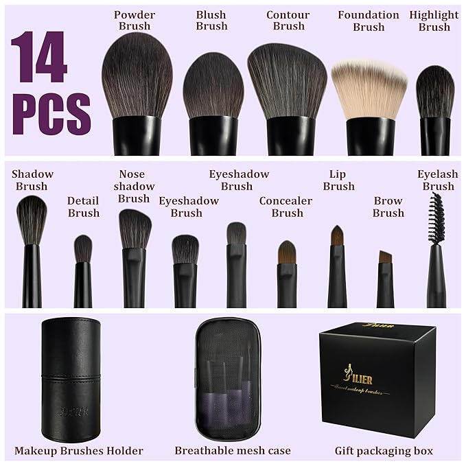 Jilier Travel Makeup Brush Set, 14 pcs Mini Makeup Brushes for Foundation, Powder, Eyeshadow, Highlight, Contour, Blush & Concealer, Small Makeup Brush Set Purse Size with Case (Purple)