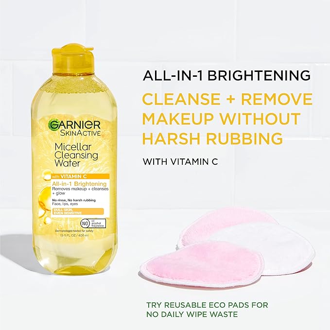 Garnier Micellar Water with Vitamin C, Facial Cleanser & Makeup Remover, Brightening & Hydrating, For All Skin Types, Vegan, Cruelty Free, 13.5 Fl Oz (400mL), 1 Count