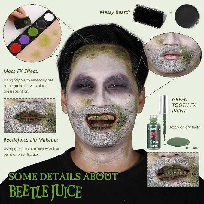 Halloween Beetle-juice Makeup & Frankenstein Makeup Kit, Face Paint SFX Character Set with Black Lipstick & Applicators for Ghost, Zombie, Grinch Special Effects Make Up, Costume Cosplay Party & Stage