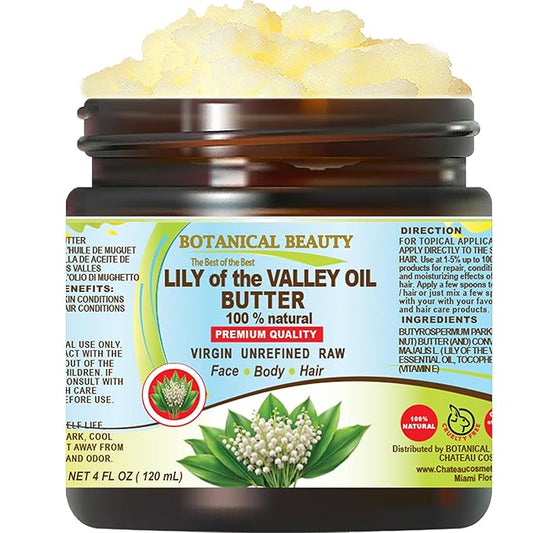 Botanical Beauty LILY OF THE VALLEY OIL BUTTER 100% Natural 4 Fl.oz.- 120 ml. Lily of the Valley Essential Oil in Shea Nut Butter for FACE, SKIN, BODY, HAIR, NAILS. Beauty Skin Moisturizer Oil Butter