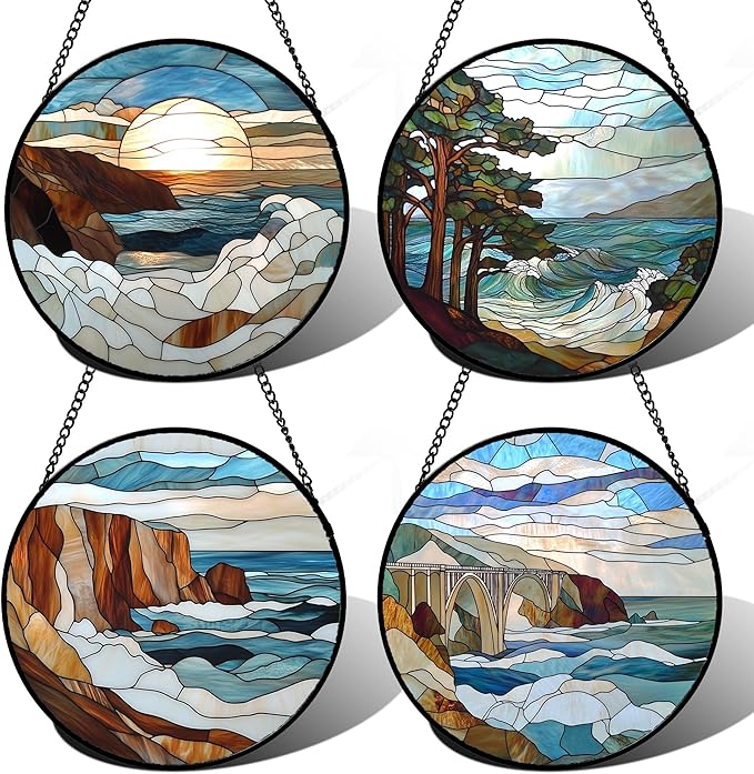Stained Glass Window Hanging 4 Pcs Set Ocean Waves 9.8" - Blue and White Sea Suncatcher Door Garden Sun Catcher Decor Birthday Christmas for Mom Woman Nana Men