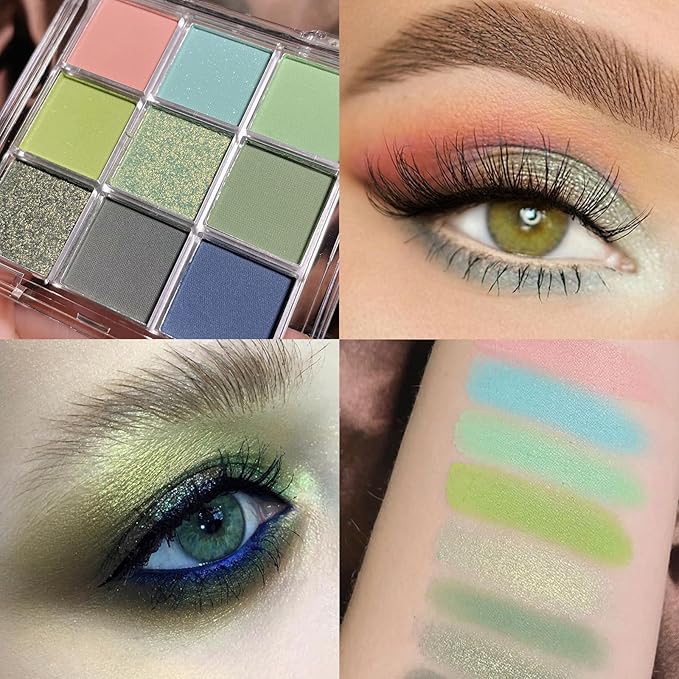 Erinde 9 Colors Eyeshadow Palette, Matte Shimmer Glitter Eye Shadow Palette Makeup, Highly Pigmented Long Lasting Waterproof, Natural Neutral Nude Eyeshadow Make Up Pallet, Blue Green