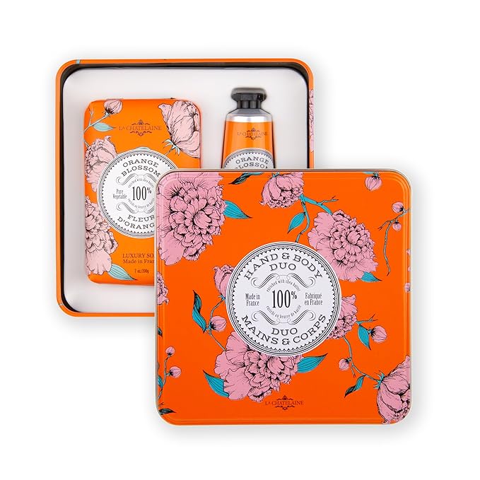 La Chatelaine Orange Blossom Triple Milled Bar Soap and 20% Shea Butter Hand Cream Gift Set, Decorative Tin, Plant-Based, Natural & Organic, Made in France (7 oz. soap bar, 1 oz. hand lotion)