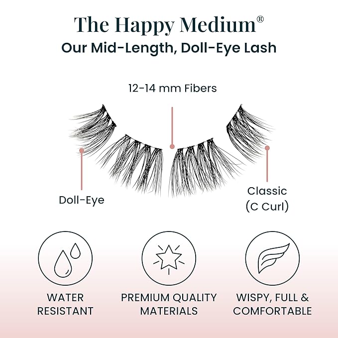 FlutterHabit The Happy Medium Lashes, 2 Sets of Eyelashes, DIY Doll Eyed Lash Extensions, Up to 10 Day Lash Wear, Salon Quality Cluster Eyelashes for a Natural Look, No Glue Included