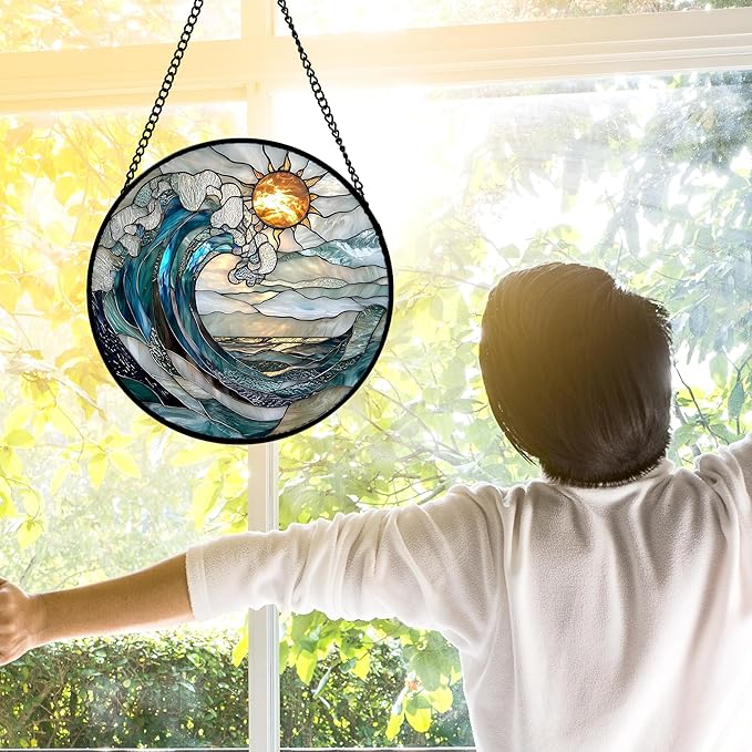Stained Glass Window Hanging, Blue and White Waves Suncatcher Diamond Glass Panel Landscape Sun Catchers Decor for Birthday for Women, Men, Wife, Aunt, and Mom 7.8 in